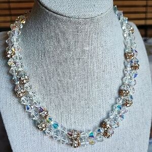 Heavily Faceted Vintage Large Bicone Aurora Borealis Clear Crystal Dual Necklace
